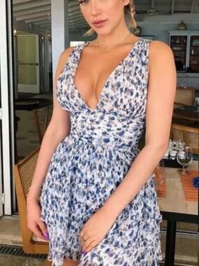 REVOLVE Blue and White Floral Plunge Mini Dress